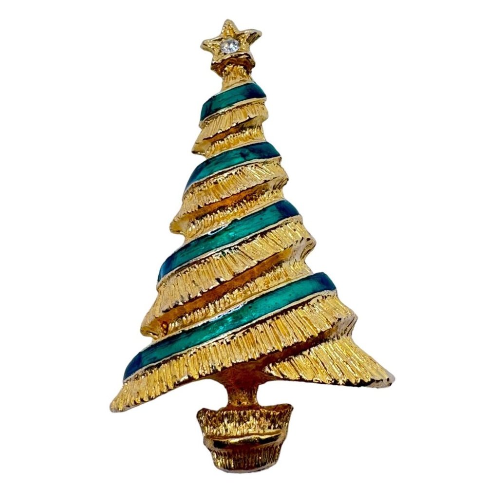 Christmas Tree Brooch Pin Vintage Jewelry Gold-Colored Green Stripes Ribbon Star - Picture 1 of 5